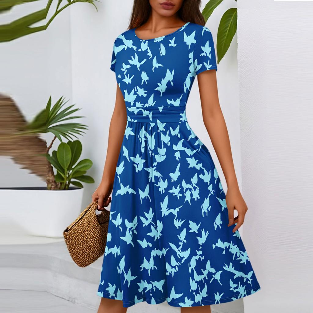 Women's Casual Fashion Round Neck Pleated Short Sleeve Floral Print A-Line Midi Dress