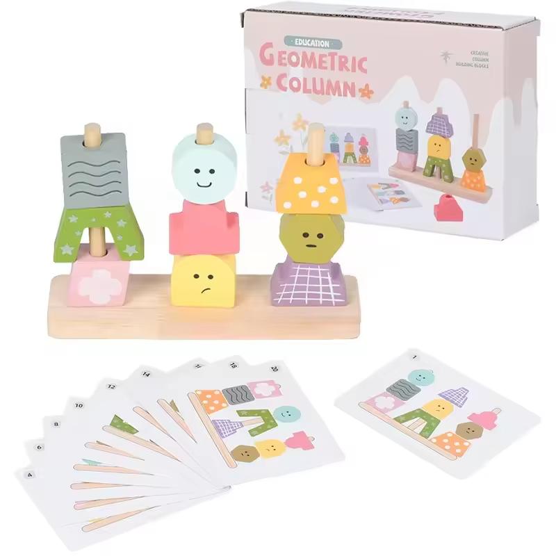 Kids Color Shape Stacked Matching Game Montessoris Wooden Toys Fine Motor Skills Puppet Hat Face Match Creative Educational Toys