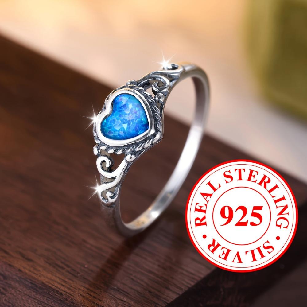 S925 Sterling Silver Heart-shaped Blue Opal Ring for Women Simple Wedding Engagement Jewellery Gift