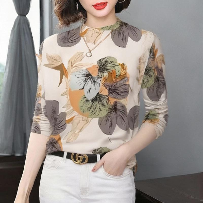 Mother's Women's Long-Sleeve Printed Base Layer Top, Half-High Neck, Tummy Concealing, for Mature and Elderly Women, Plus Velvet, Thickened and Warm.