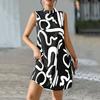 Summer Women Dress Stand Collar Color Matching Print Loose A-line Sleeveless Above Knee Length
