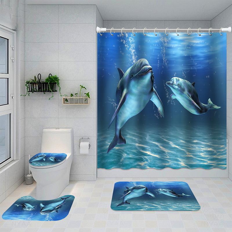 Полиэстеровая занавеска для душа с 3D цифровой печатью, водонепроницаемая занавеска для душа, новый нескользящий коврик «Дельфин», набор из четырех предметов