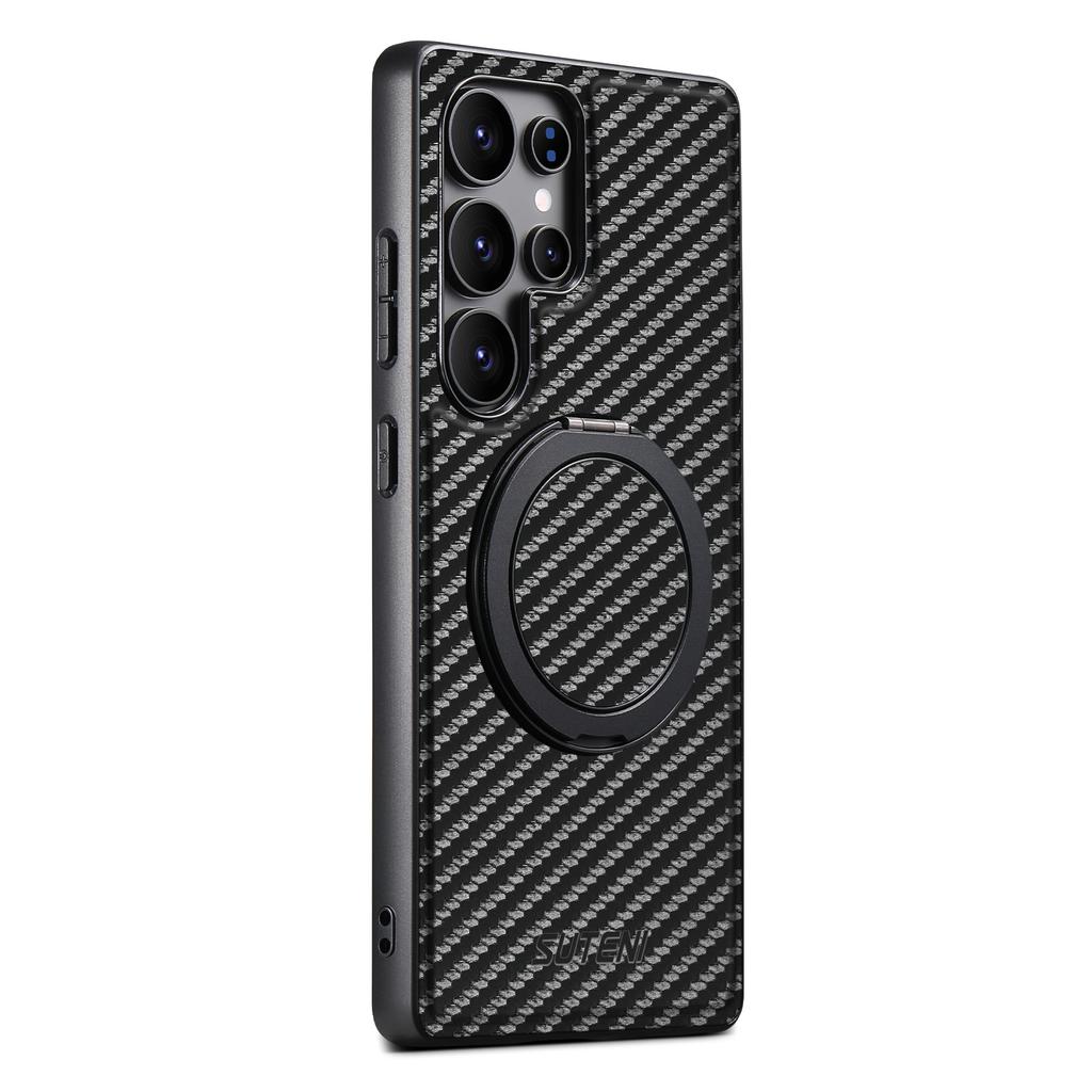 SUTENI G3 For Samsung Galaxy S25 Ultra Magnetic Case Rotating Kickstand Carbon Fiber Texture Leather Phone Back Cover