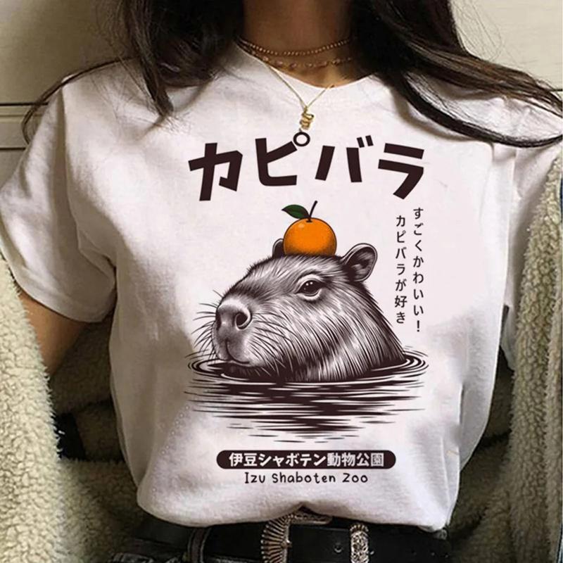 Капибара Уличная мода Летняя мода Женская футболка Харадзюку Рубашка Кавайная одежда Хлопковая футболка с коротким рукавом Повседневный топ с круглым вырезом