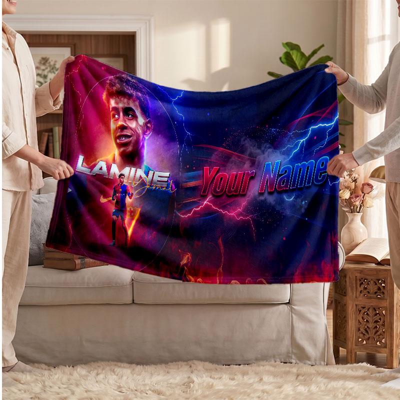 Lamine Yamal Personalized Fleece Blanket With Football Logo, Custom Name Text Soft Warm Home Throw Blanket