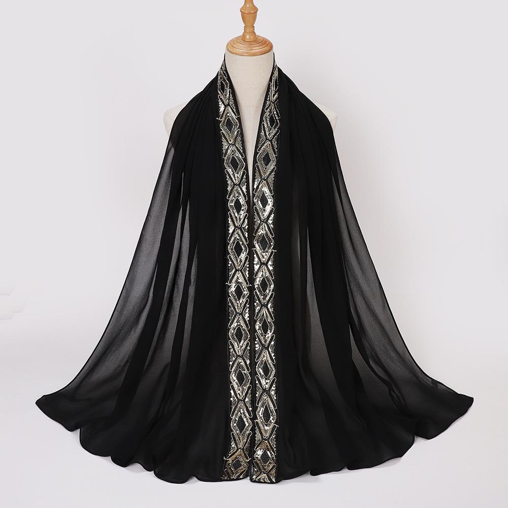 New Pearl Chiffon Embroidered Sequins Decorative Wrap Headscarf, Malaysia Indonesia Fashion Lace Ladies Scarf