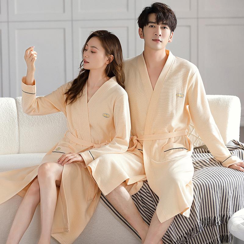 Couple Nightgown Women'S Pajamas Spring And Autumn Cotton Long-Sleeved Bathrobes Men'S Autumn Cotton Simple Dressing Gown Yukata Loungewear