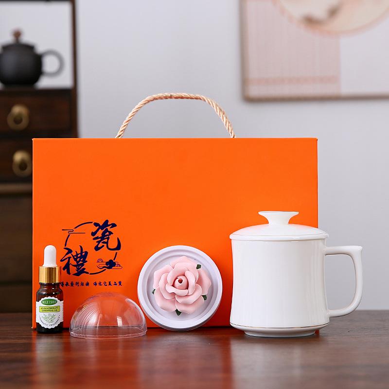 Guochao aromatherapy porcelain flower Dehua suet jade office cup teacup gift box for girlfriends and ladies with gifts for customers