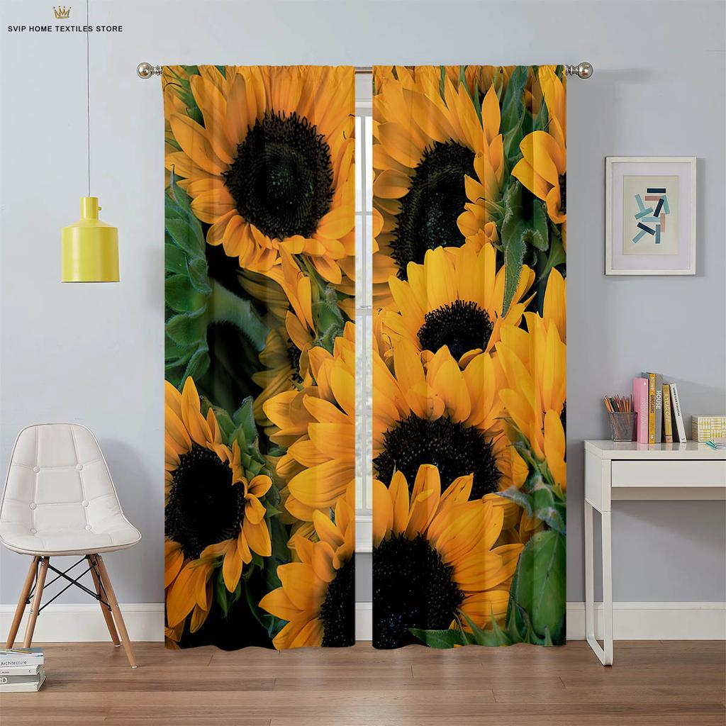 Шторы с цветочным и подсолнечным принтом, черный шелк, светонепроницаемые шторы, подходят для спальни, гостиной, кабинета, 2 штуки