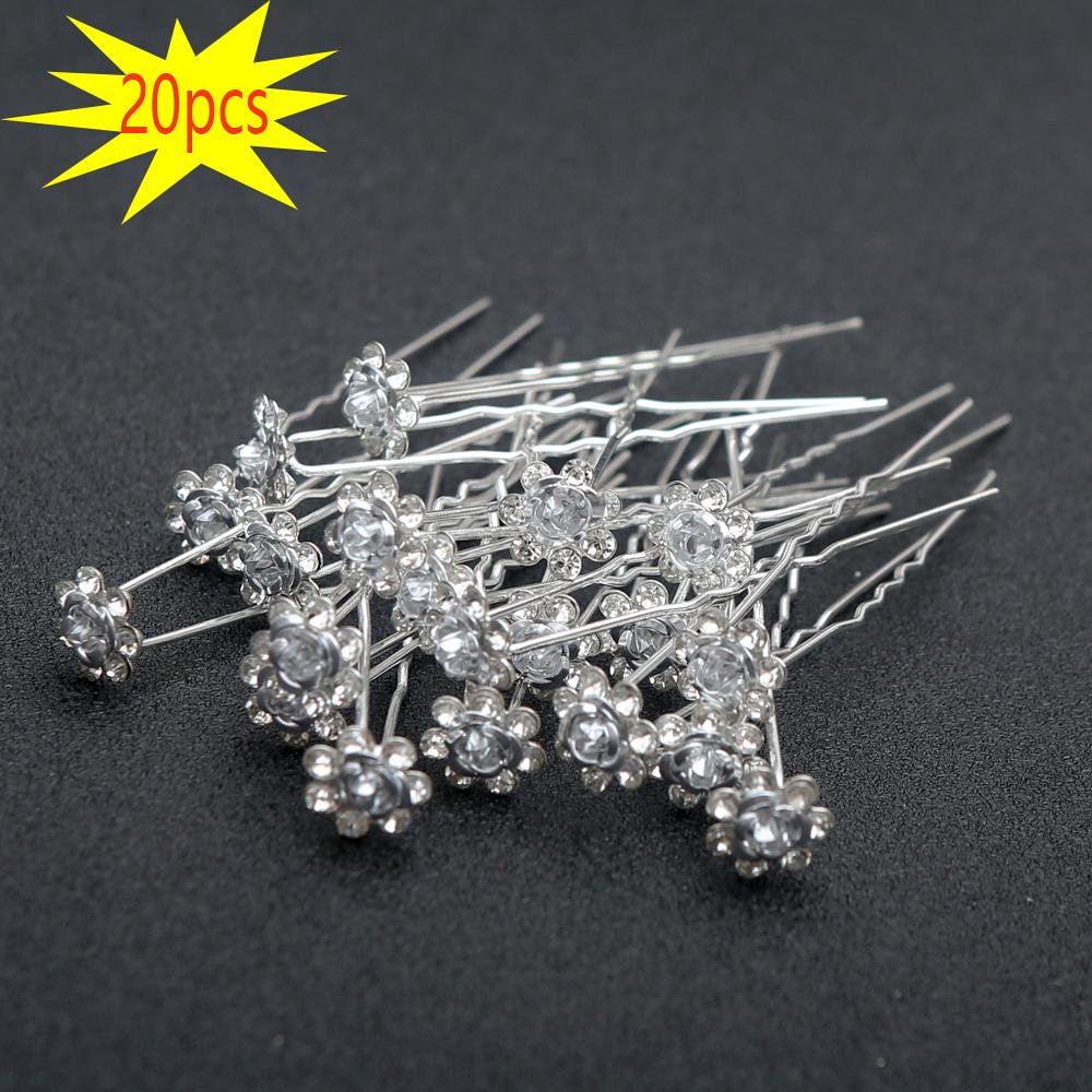 20pcs Fashion Bridal Rhinestone Hair Fork Artisan Alloy U-Pin with Rose Accent Wedding Hair Sticks for Brides Vintage Glamour
