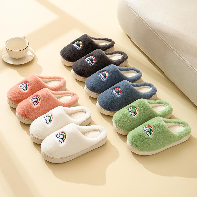 Модные зимние тапочки с героями мультфильмов, модная корейская версия для мужчин, женщин, пар, радужная домашняя обувь на толстой подошве из хлопка с противоскользящей подошвой, повседневная обувь