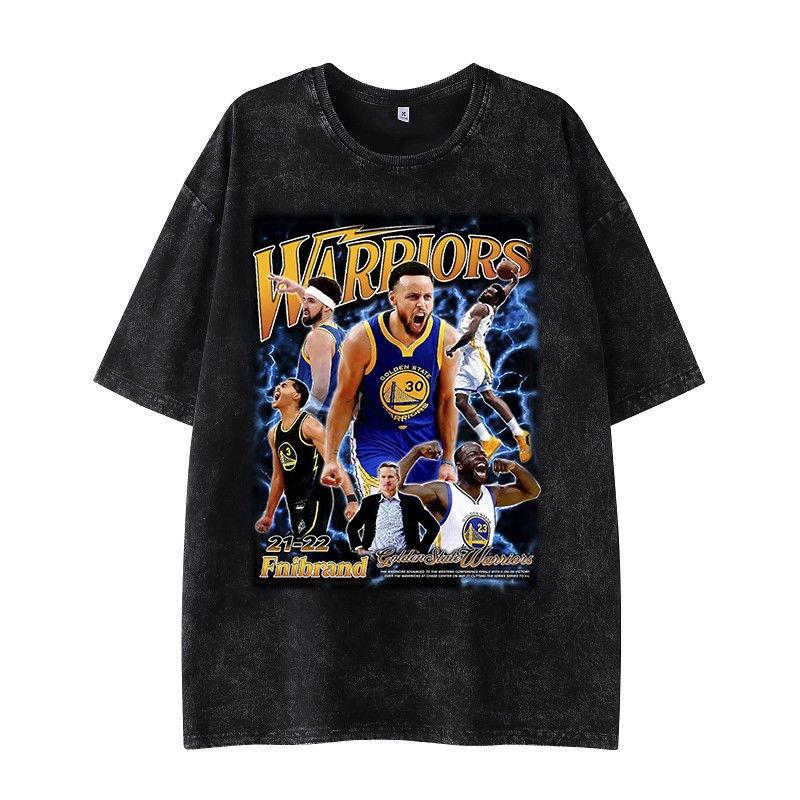 American basketball retro wasteland feng shui wash t-shirt star print men's and women's fashion casual sports stacked tops ins tide