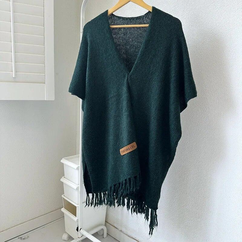 Japanese Korean Tassel Big Pendulum Cardigan Cape Autumn Loose Poncho Women Faux Cashmere Cloak Out Streetwear
