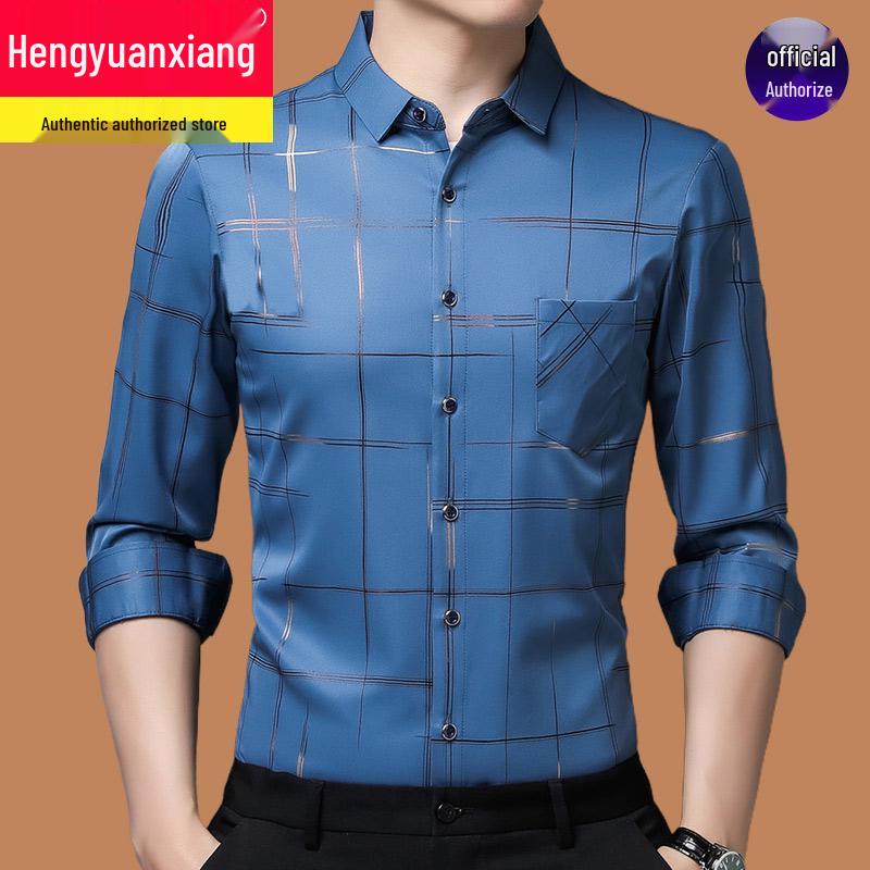 Hengyuanxiang Мужская осенняя клетчатая рубашка с длинным рукавом, не требующая глажки, в стиле кэжуал