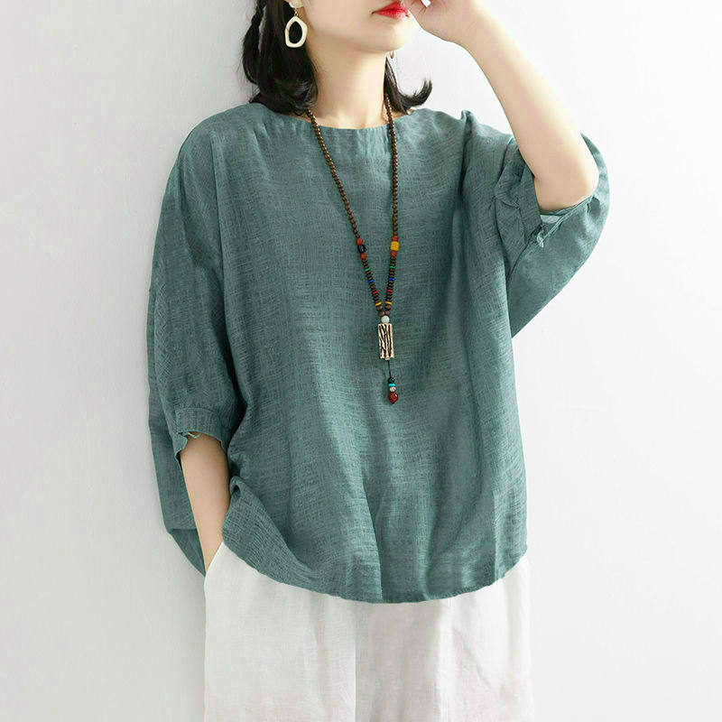 Летняя новая женская одежда больших размеров, свободная и повседневная однотонная футболка с короткими рукавами из имитации хлопка и льна, топ, футболка с рукавами три четверти, женская