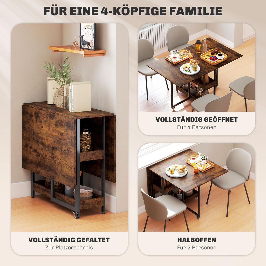 Folding Dining Table in Industrial Design, for up to 4 People, Open Shelves, Flexible, Metal, Chipboard, Brown