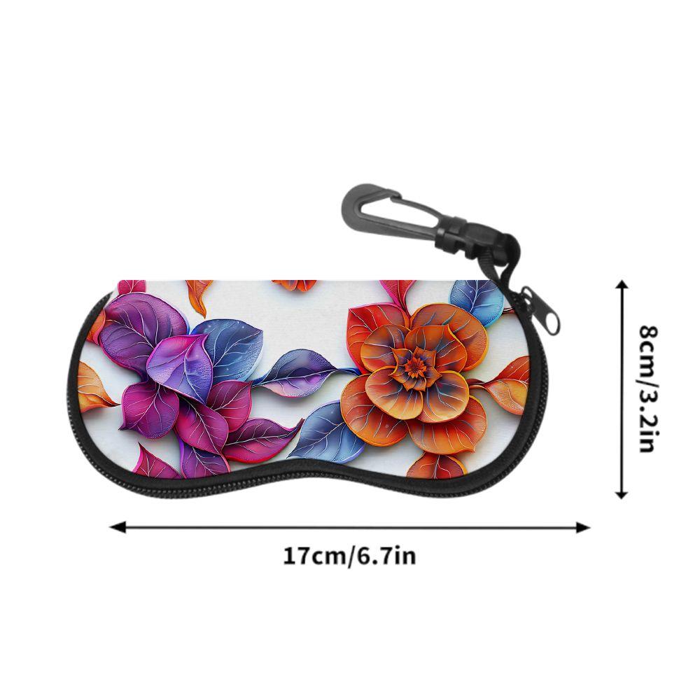 2D-Vibrant Floral Print Protective Eyewear Holder, Stylish Sunglasses Case, Portable Flower Pattern Spectacle Pouch, Travel Zipper Eyeglasses Box