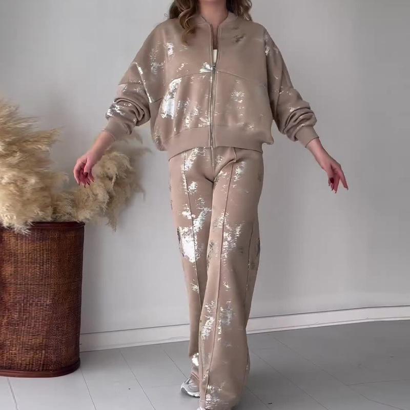 Весенняя женская мода, повседневная толстовка с принтом, широкие брюки, комплект из двух предметов