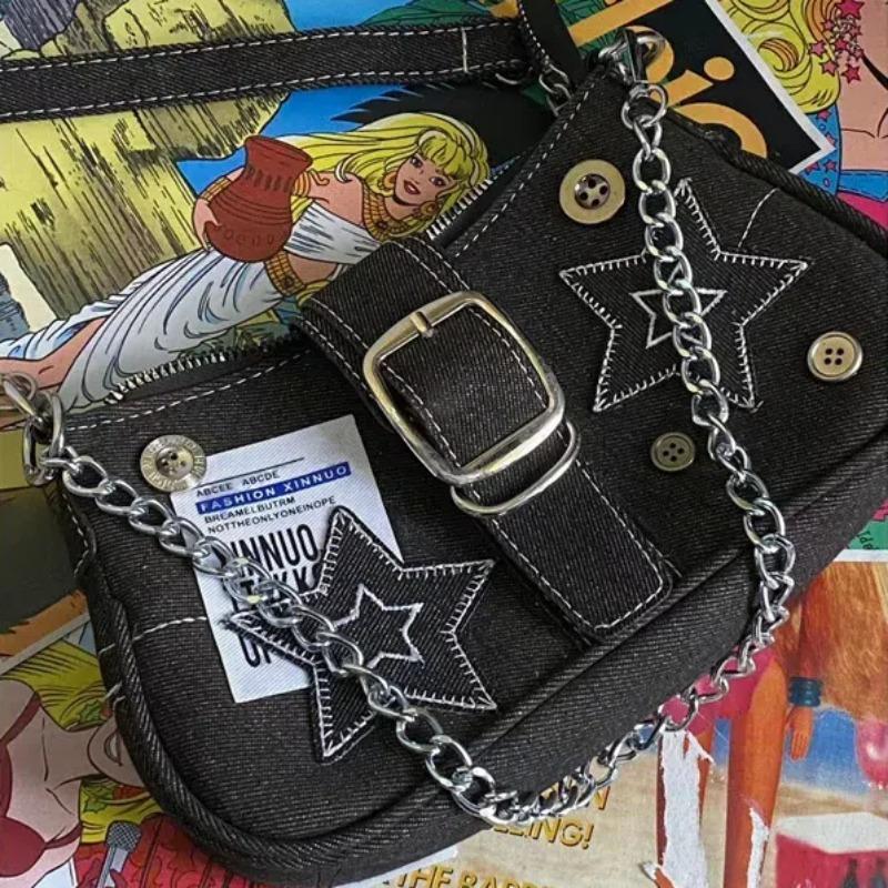 Women Crossbody Bags Korean Harajuku Goth Star Girl Black Hand Bag Fairy Grunge Aesthetic Wallet Shoulder Handbag Purses Baguette Tote Bags