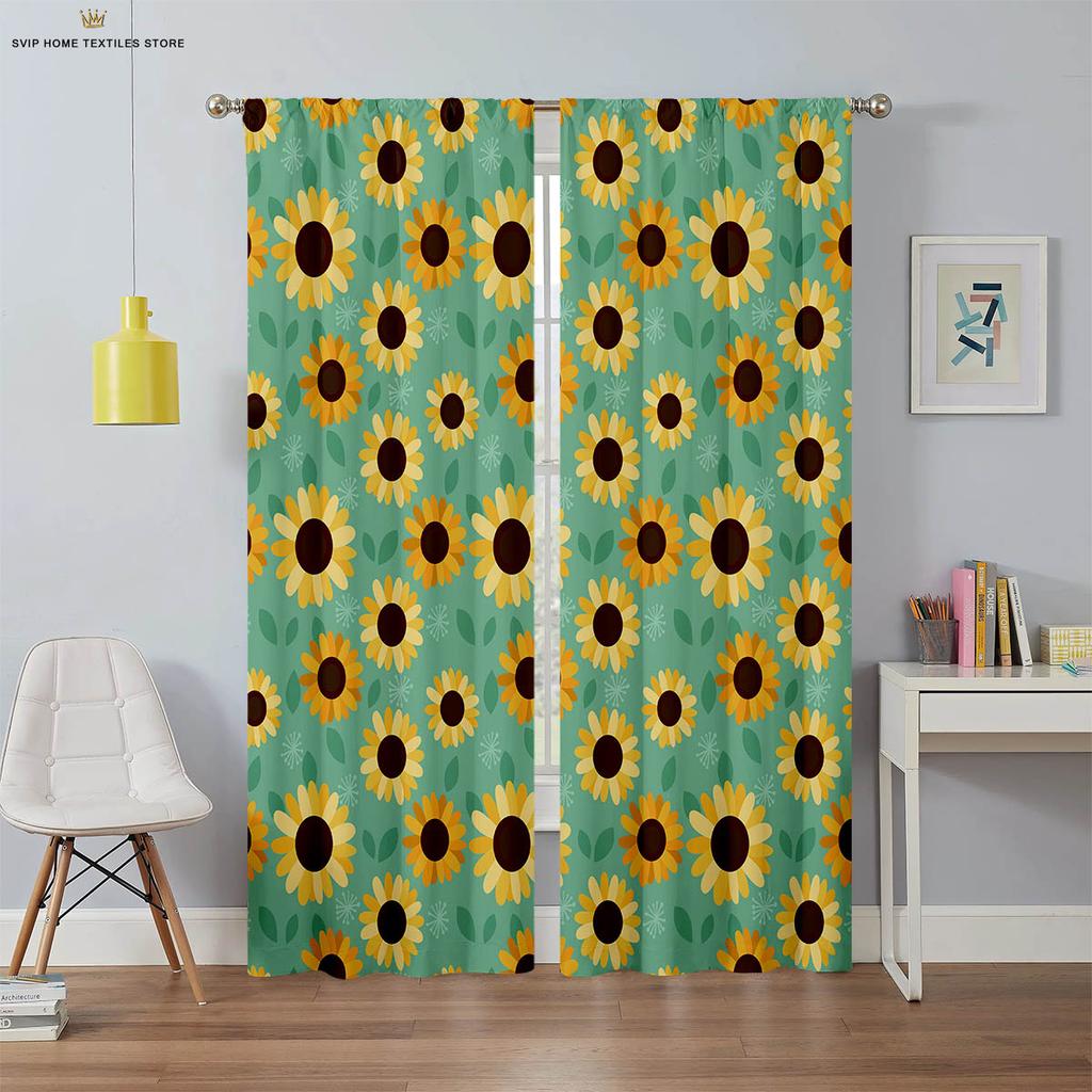 Шторы с цветочным и подсолнечным принтом, черный шелк, светонепроницаемые шторы, подходят для спальни, гостиной, кабинета, 2 штуки