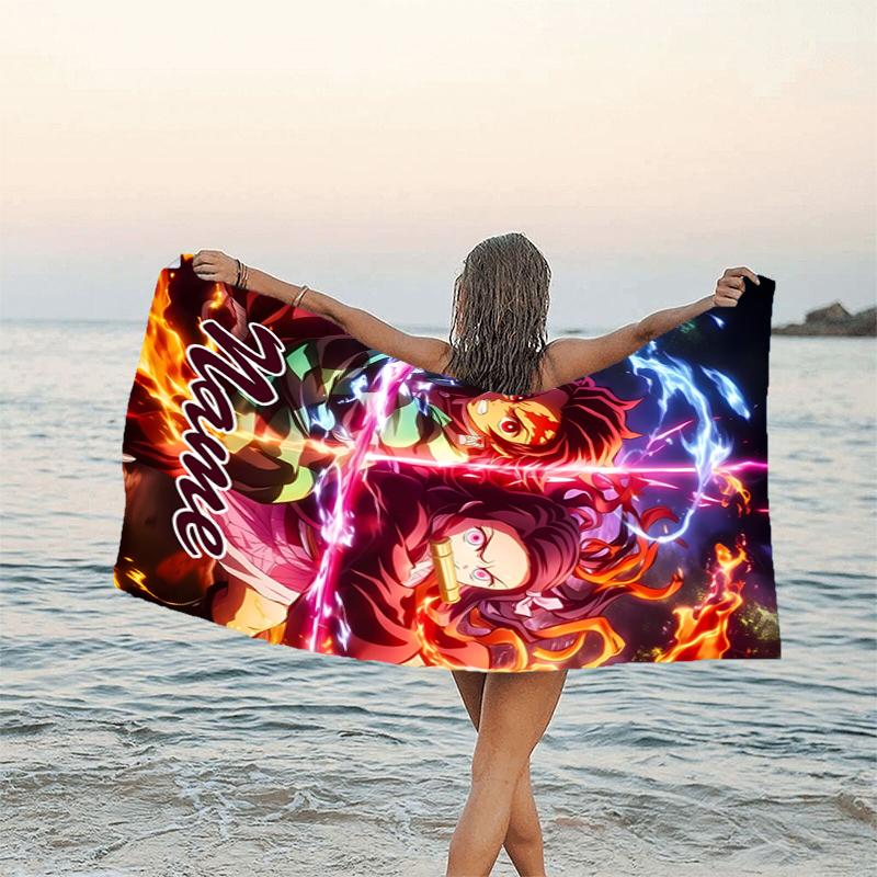 1pc Demon Slayer4 Beach Towel with Custom Name, Beach/Swimming/Bath/Picnic/Camping Towel, Suitable for Seaside Beaches