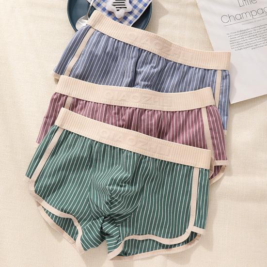Men Boxer Briefs Mid-rise Elastic Waistband Shorts Underwear Striped Print Patchwork Color U-Convex Panties