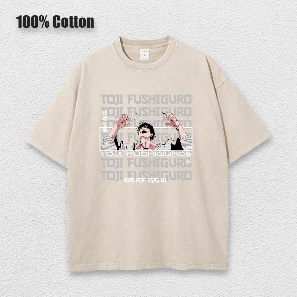 Мужская мода Уличная одежда Выстиранная черная футболка Японское аниме Графический принт Футболка Летний хлопок Оверсайз Топы Футболки