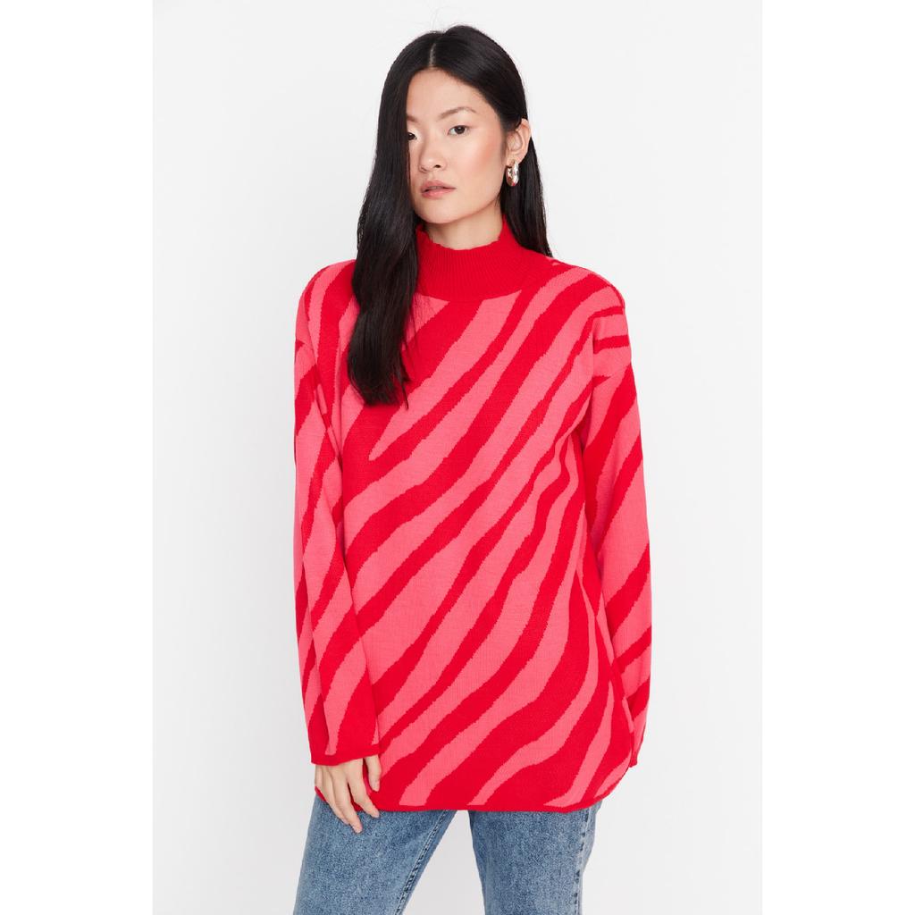 Красно-розовый трикотажный свитер в полоску с рисунком животных Tctaw23kz00066