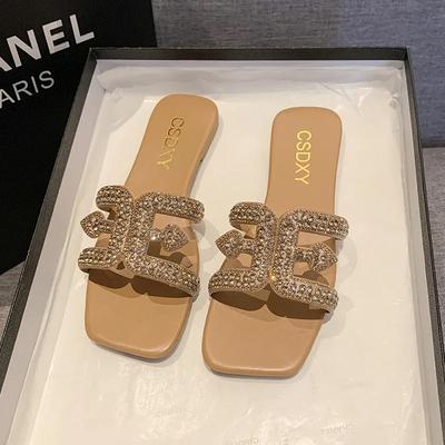Модный Роскошный Дизайн Женские Плоские Шлепанцы со Стразами Уличные Модные Женские Шлепанцы Повседневные Вечерние Пляжные Удобные Туфли