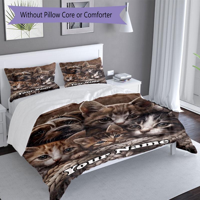 3PC Custom Name Kittens Puppies Together Bedding Set Printed Bedding Set Duvet Cover Closure Includes 1 Duvet Cover & 2 Pillowcases for All Seasons Be