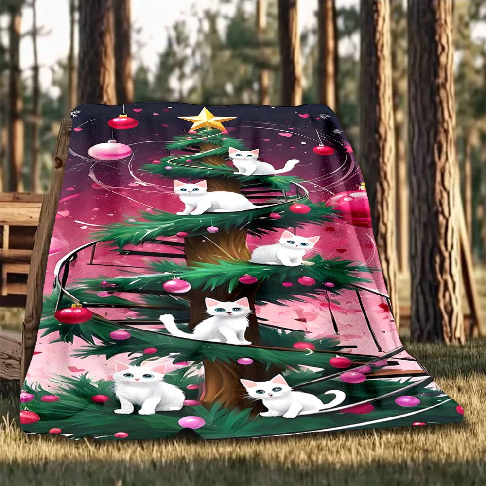 1 шт. Рождественская елка Кошки Наружное Фланелевое Одеяло, Можно Стирать в Машине, Идеальный Подарок на День Рождения, Аксессуар для Праздничных Путешествий, Прочный Материал
