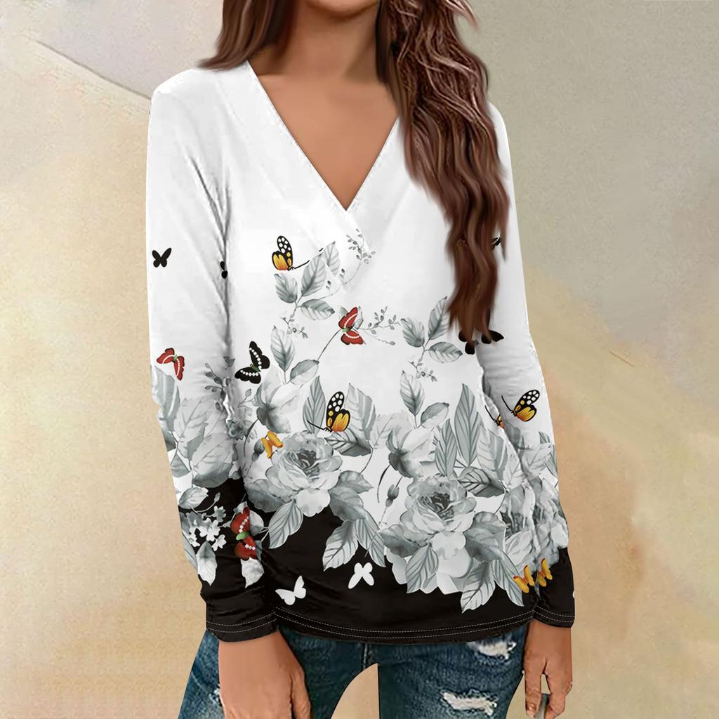 Women's Casual Printed Long Sleeve Loose V-Neck Pullover Top