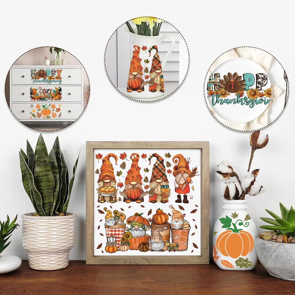 5 Sheets Fall UV DTF Cup Wraps Vintage Pumpkin Gnome Turkey UV DTF Cup Wrap Stickers for 16 oz Glass, Autumn Maple Leaf Uvdtf Stickers Decals, Rub On