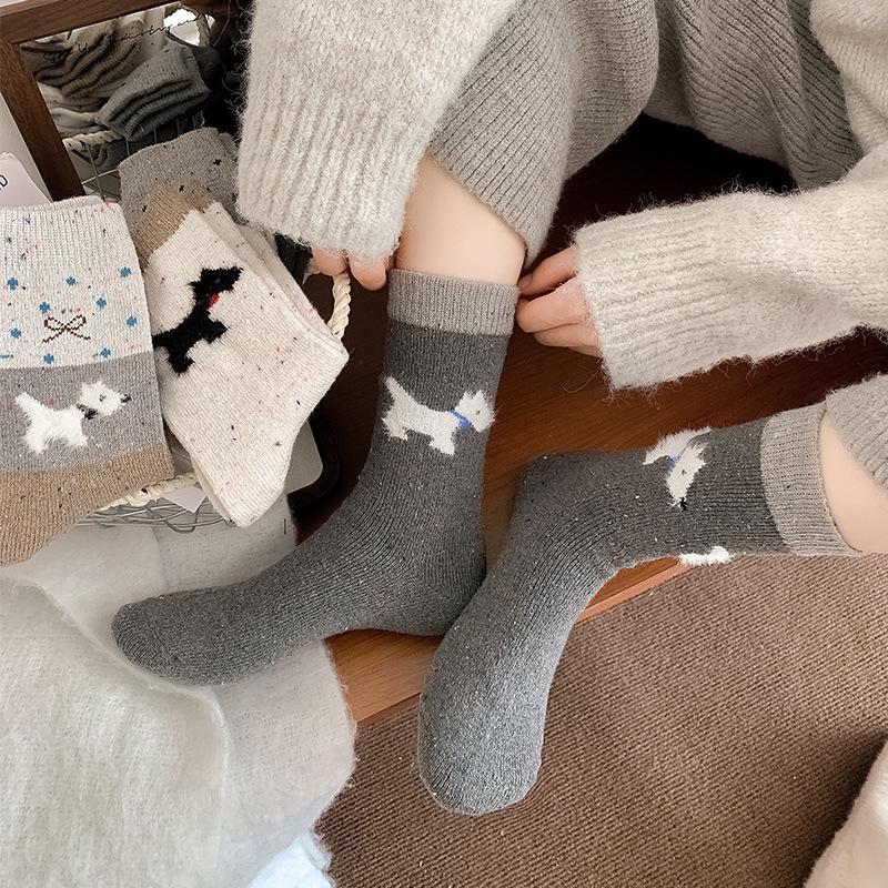 Женские шерстяные носки средней длины с узором Fair Isle - Милые, теплые и утолщенные для осени и зимы, с рисунком маленькой собаки.