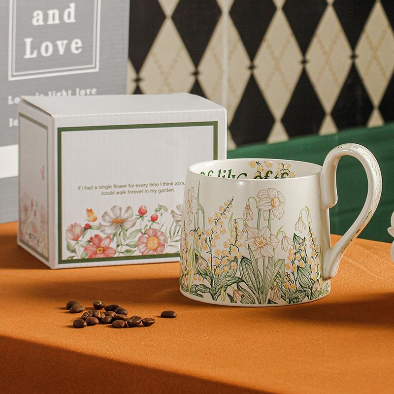 Hand Painted Cartoon Flower Large Capacity Mug Ceramic Cup High Value Coffee Cup Water Cup