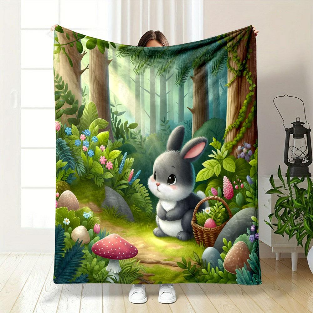 "Adorable Rabbit in Enchanted Forest" Patterned blanket, flannel, suitable for all seasons, home decor, warm and cozy
