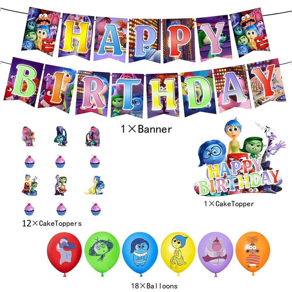 32Pcs Inside Out 2-Themed Party Decoration Set w/ Banner, Cake Toppers, Balloons