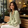 Long Sleeve Shirts Women Half Zipper V-Neck Blouse, Bohemian Ruffle Top, Loose Fit Blouses Solid Color Pleated Shirt for Spring Fall with Bell Sleeves