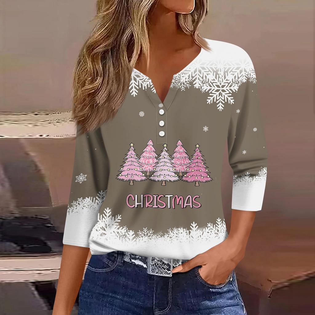 Women's T Shirt Tee Print Button 3/4 Sleeve Daily Weekend Fashion Basic V- Neck Regular Top