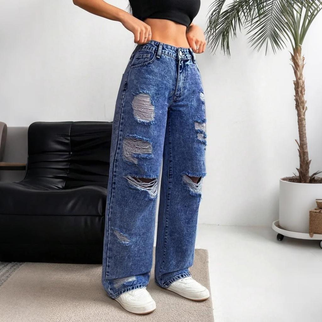 Women's High Waist Washed Women's Jeans Fashionable Versatile Straight Leg Pants