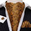 Barry.Wang Ascot Tie for Men Black&Gold Woven Silk Paisley Floral Cravat Pocket Square Cufflinks Set