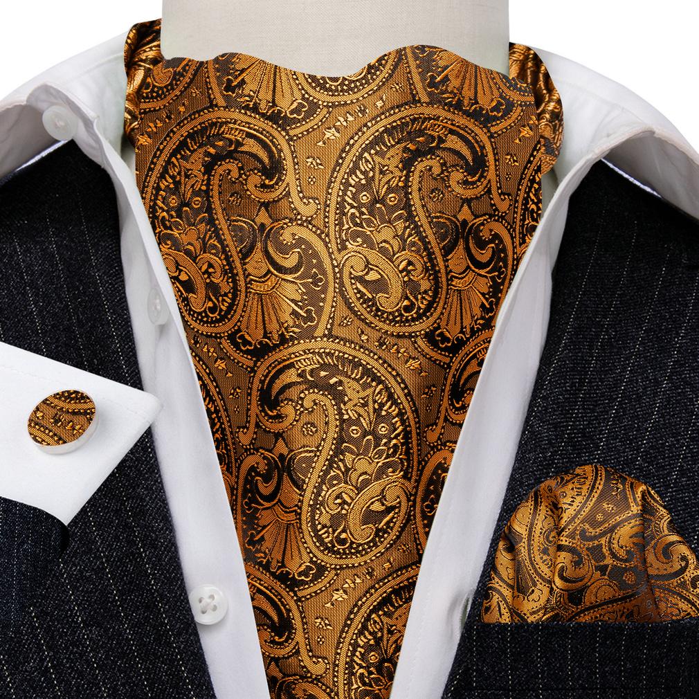 Barry.Wang Ascot Tie for Men Black&Gold Woven Silk Paisley Floral Cravat Pocket Square Cufflinks Set