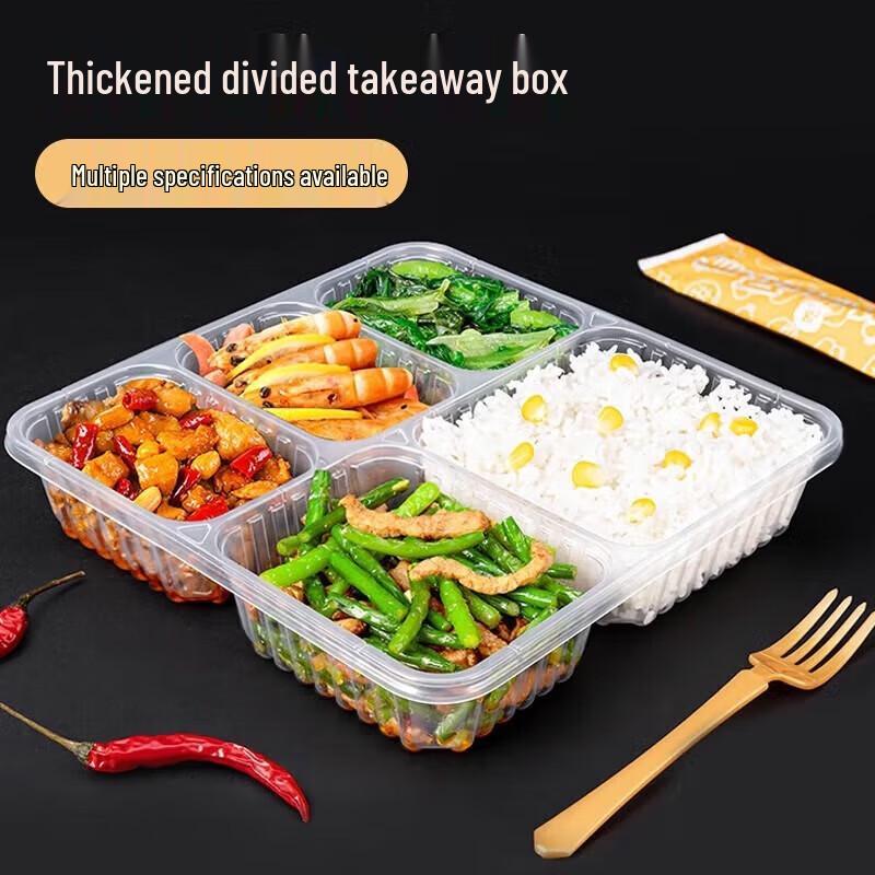 Fangcaodi Disposable 5-Compartment Square Plastic Lunch Box with Lids, 200 Sets