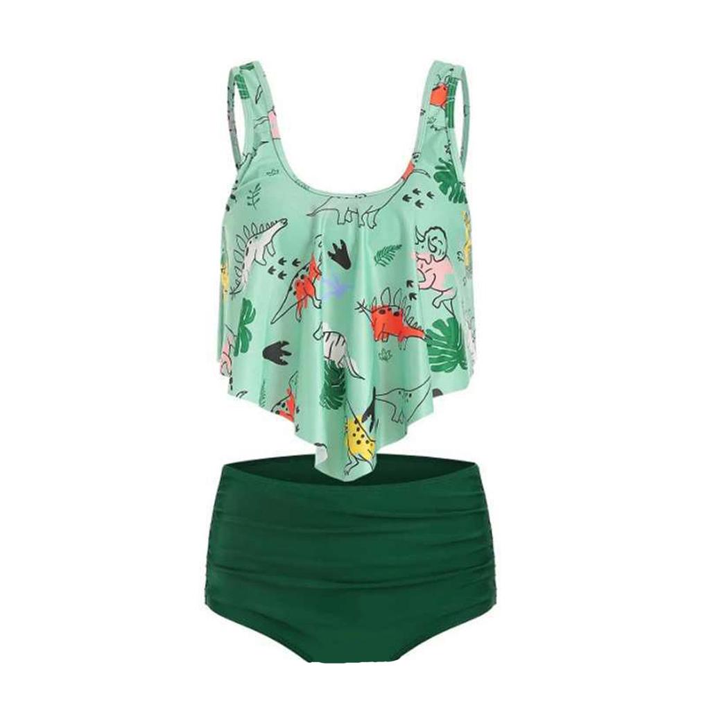 Бикини с рюшами и принтом закрывает живот и демонстрирует тонкий разделенный купальник для женщин