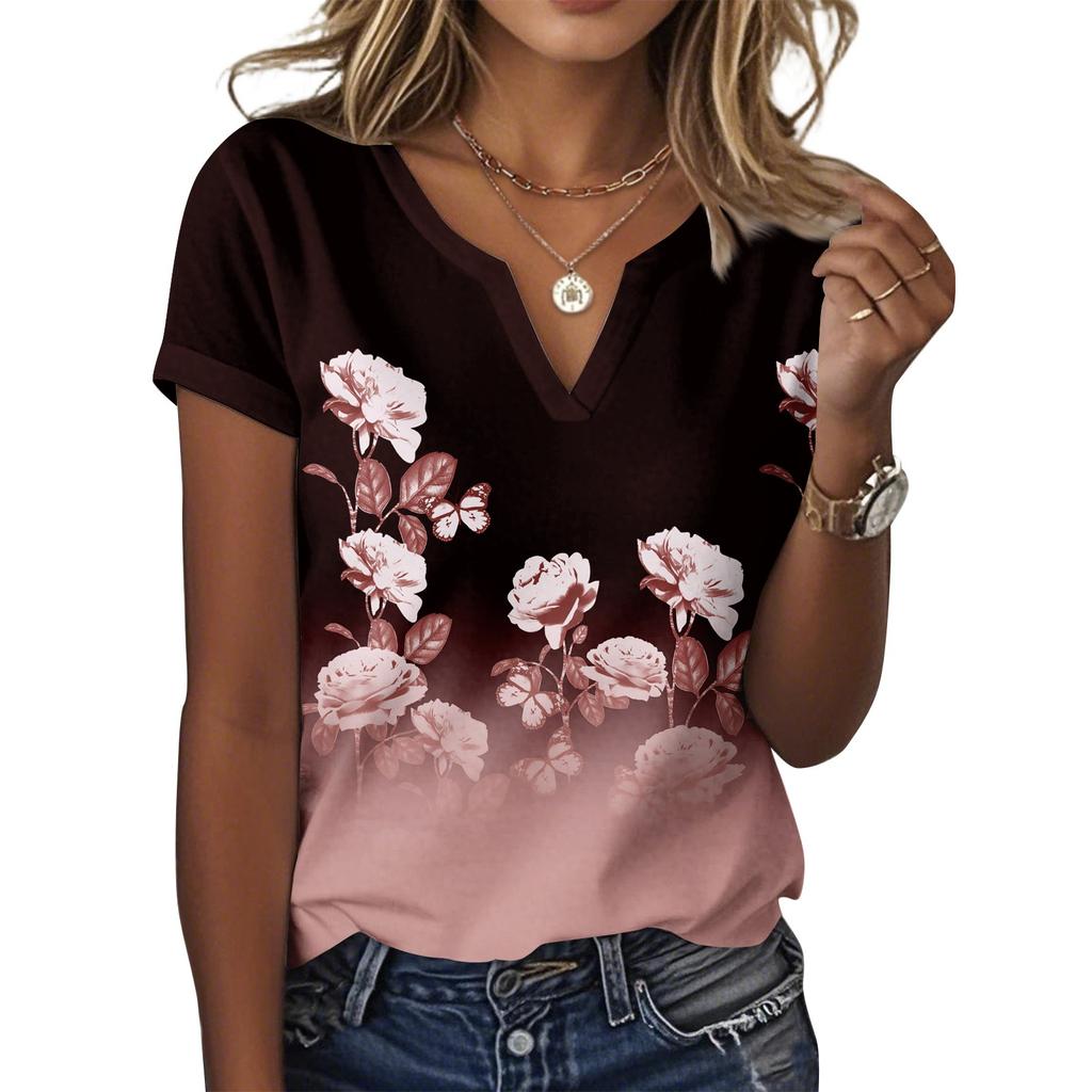 Женская повседневная футболка с цветочным принтом, пуловер с V-образным вырезом и коротким рукавом