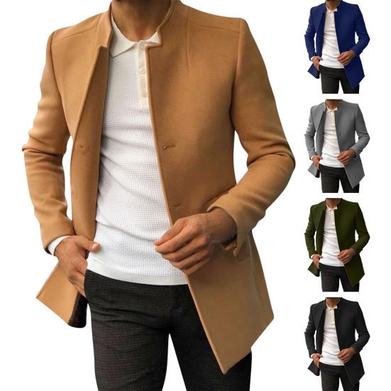 Men Suit Coat, Solid Color, Slim Fit, Single Breasted, Thicken, Trench Coat, Autumn Winter, Windproof, Woolen Jacket