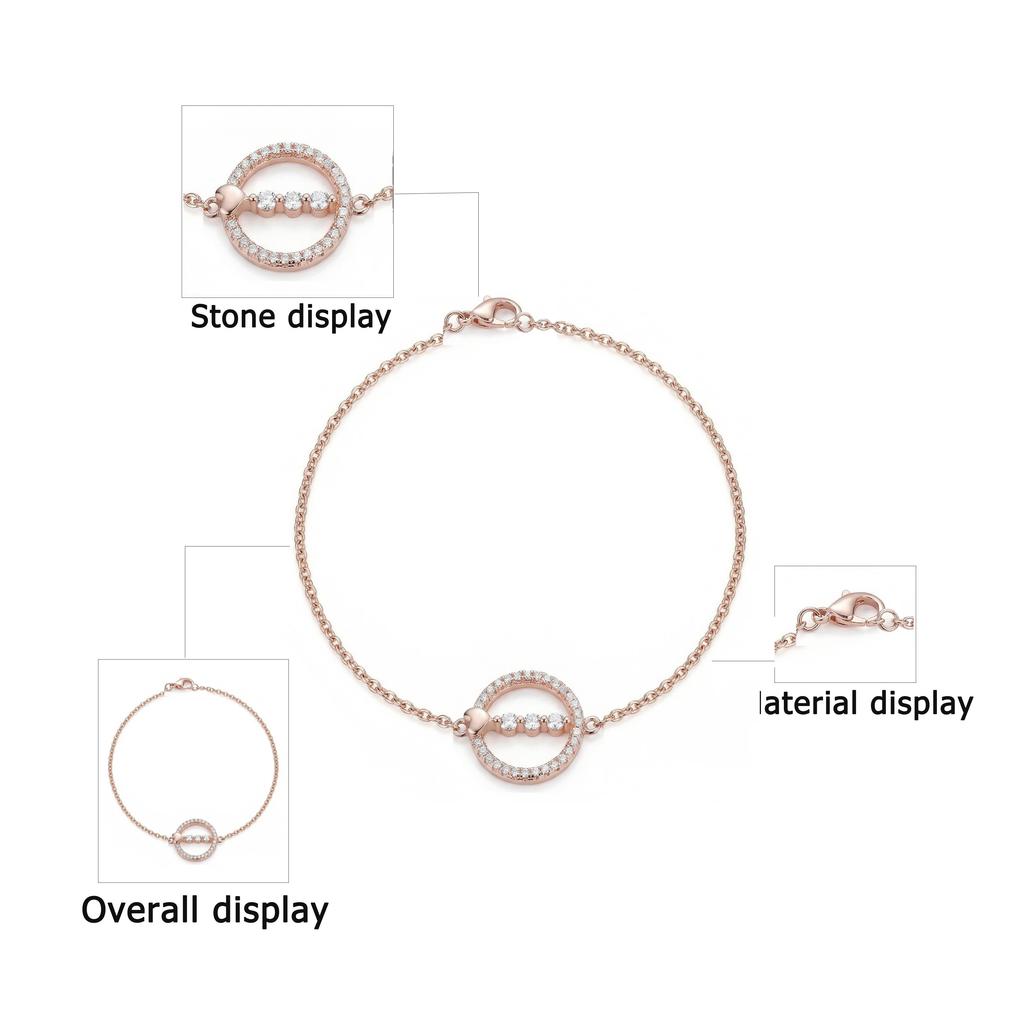 925 Sterling Silver Rose Gold Plated Zircon Chain & Link Bracelet Delicate Bezel Setting Women's Wedding Party Gift 2.3g
