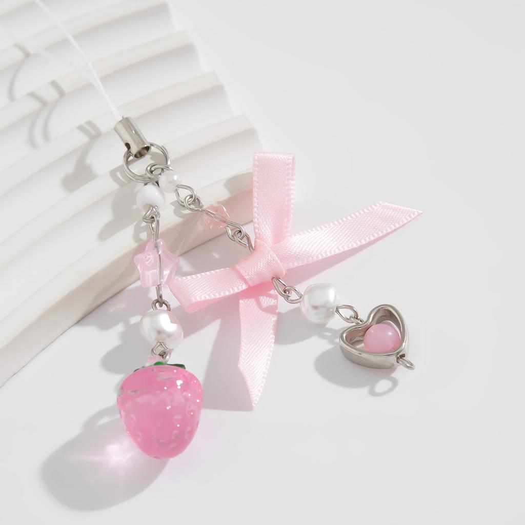 Fashion Sweet Y2K Girls Ribbon Bow Beaded Keychain Alloy Love Heart Star Rabbit Strawberry Pendant Pearls Glass Beads Chains Jewelry Accessories