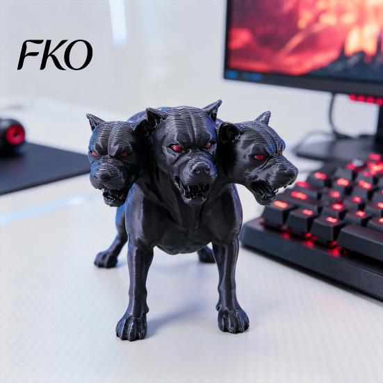 Fantasy Dog Figure 3D Printed Three-Headed Figurine, 3 Heads Black Sculpture, Red Eye Figurine Horror Mythical Animal Ornament for Home