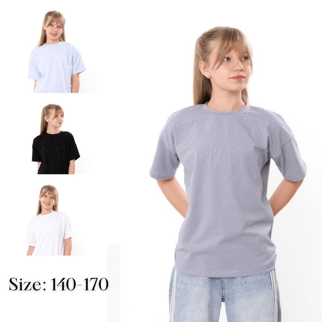 T-shirt for girls – soft knitted fulicra with rhinestones, straight cut, various colors Summer 6414-105-2 HC